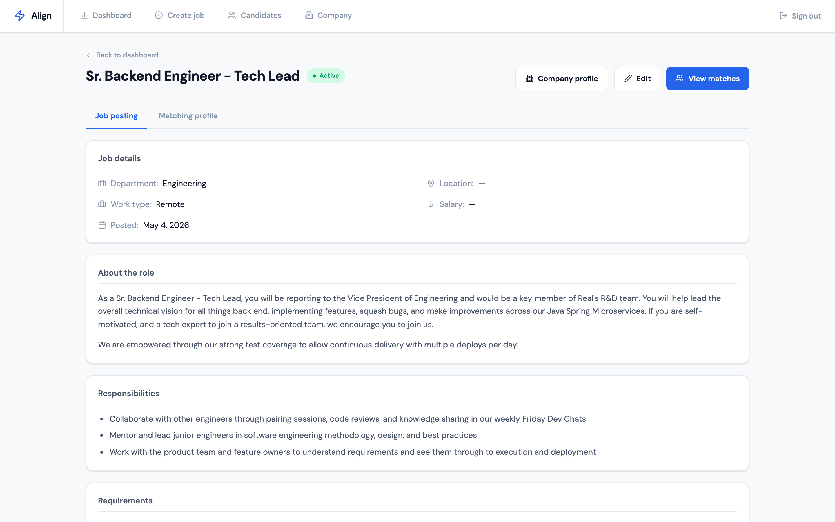 Align job posting view showing a Senior Backend Engineer role with department, work type, description, responsibilities, and requirements